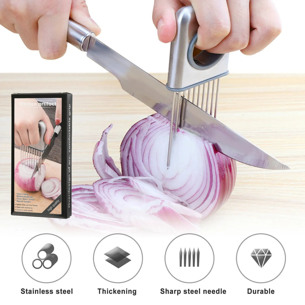 Stainless steel onion holder slicer with sharp prongs and a separate finger guard on a kitchen counter.