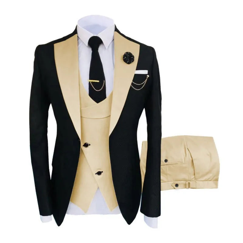 Men's slim fit three-piece cotton suit in black with coat, vest, and trousers