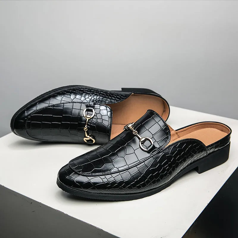 Men's lazy semi slipper shoes made of artificial PU upper in black, brown, and wine red colour options, sizes 38-48