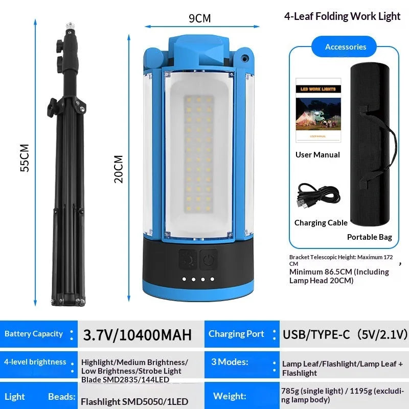 Blue outdoor multi-function LED work light with four-leaf fold design, folding bracket, and storage bag