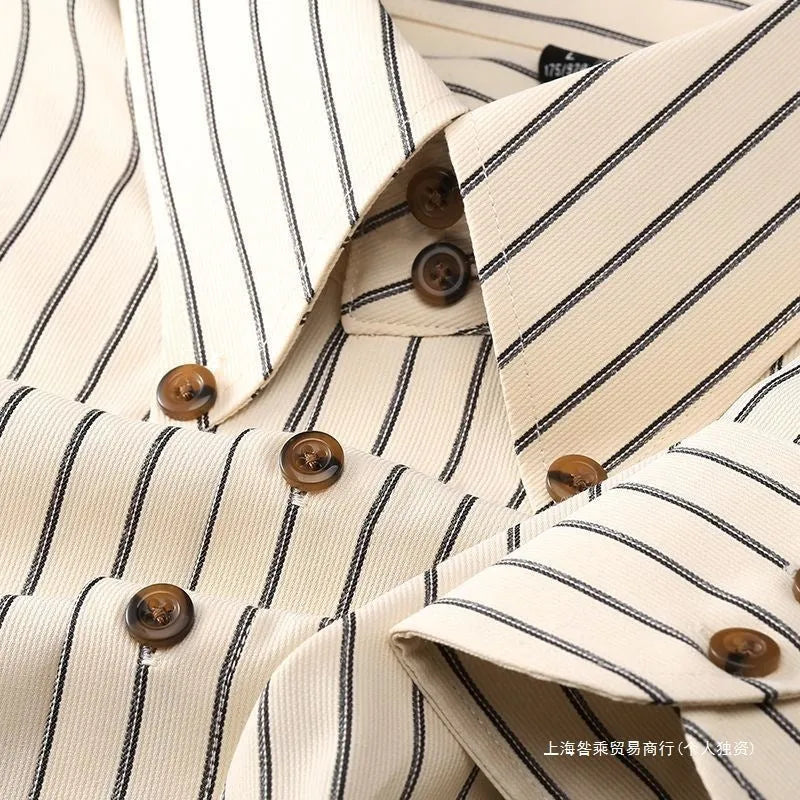 Coffee-coloured men's long-sleeved slim-fit business shirt with wool lining on a hanger