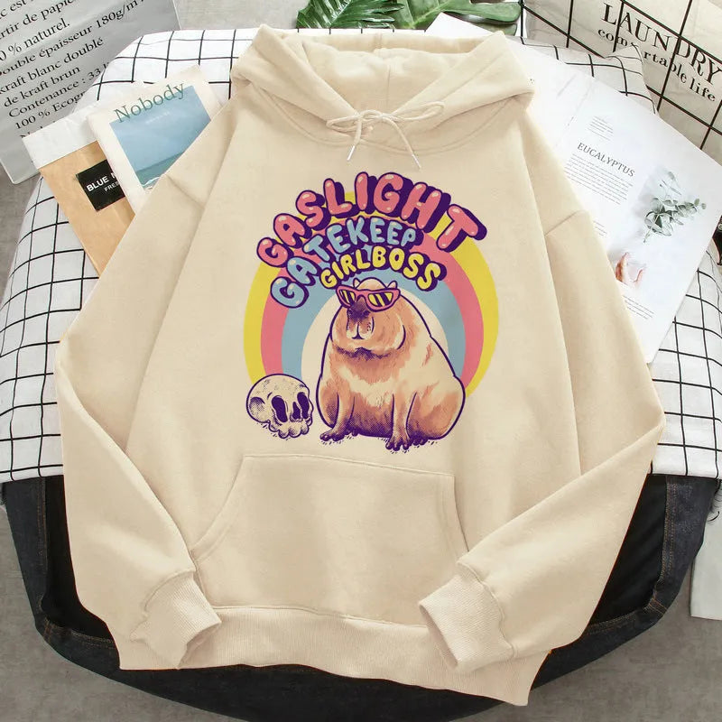 Grey capybara hoodie for women Korean hip hop anime harajuku casual pullover with hood and side pockets on model
