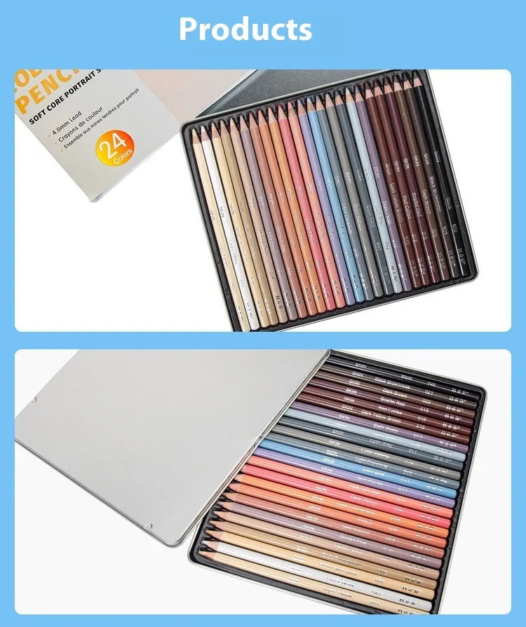 Set of 24 skin colour pencils for portrait art in a round iron tin case.