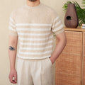 Cotton linen blend striped T-shirt in navy blue with short sleeves and round neck collar