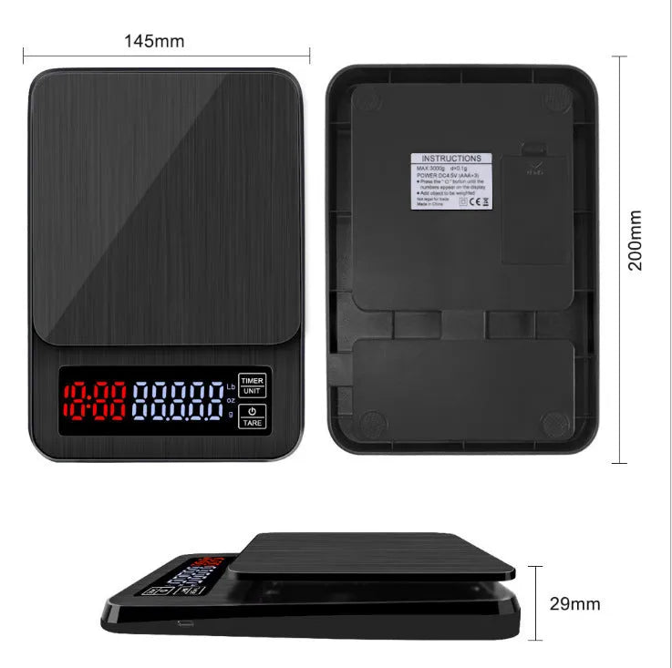 Pour-over coffee scale, electronic kitchen scale with 3kg 5kg 10kg options, battery or USB power, 20x14.5x3cm
