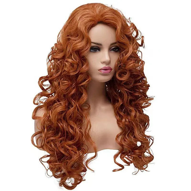 Brown long curly instant noodles style cosplay wig with wavy texture on wig head