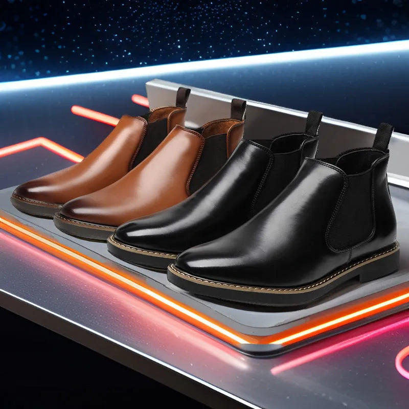 Men's black leather-look work boots with square heel and rubber sole shown in mid-calf design