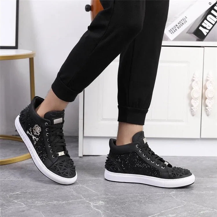 Men's black genuine leather high top skeleton shoes with red lace option