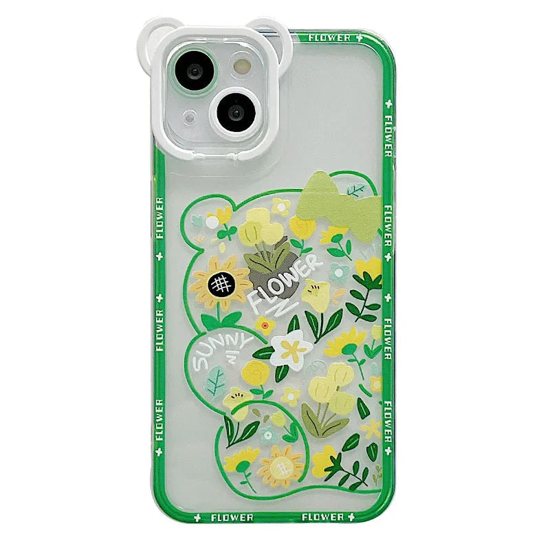 TPU phone case with painted cartoon bear and flower design in black and green for Apple iPhone