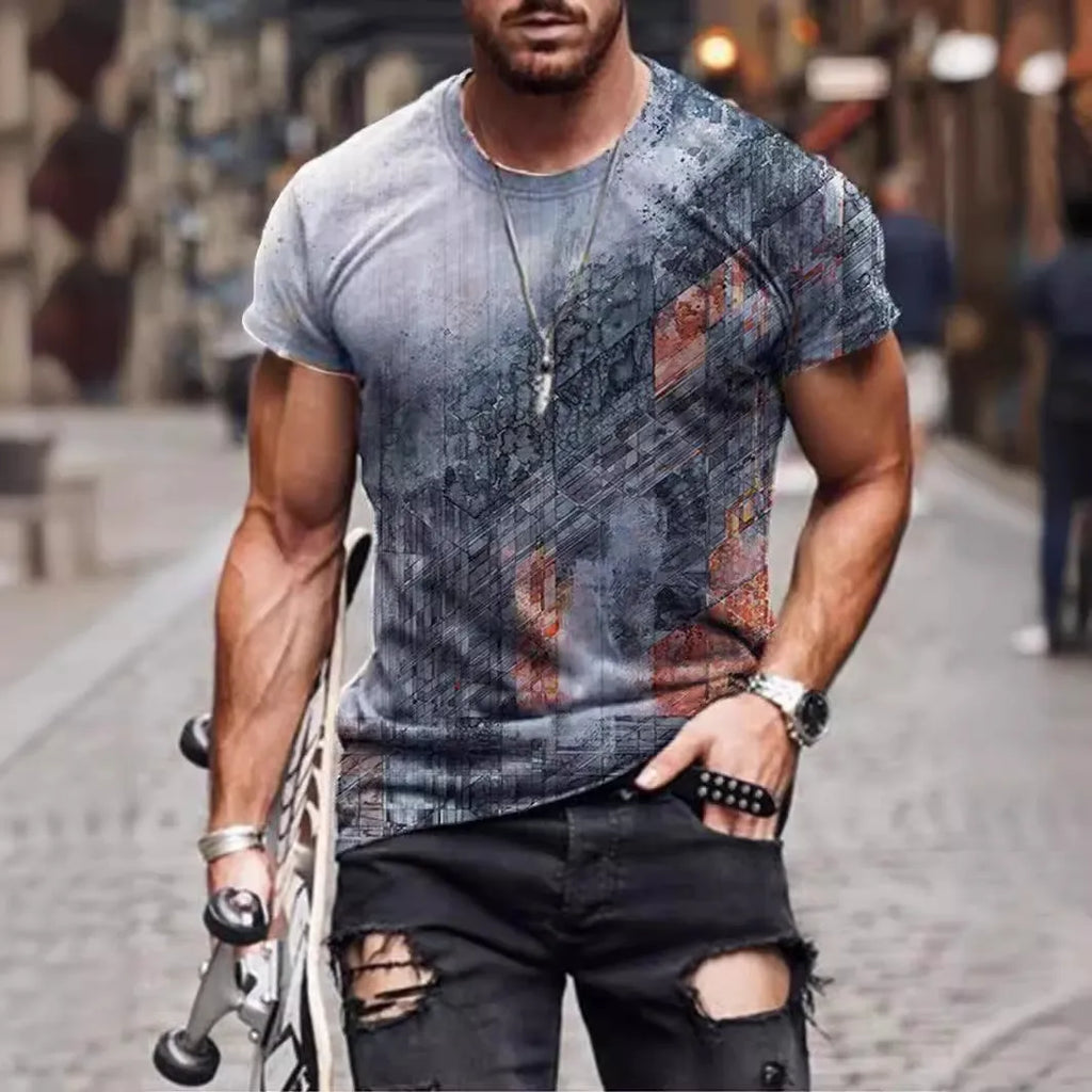 Man wearing a loose-fit camouflage print short-sleeved t-shirt.