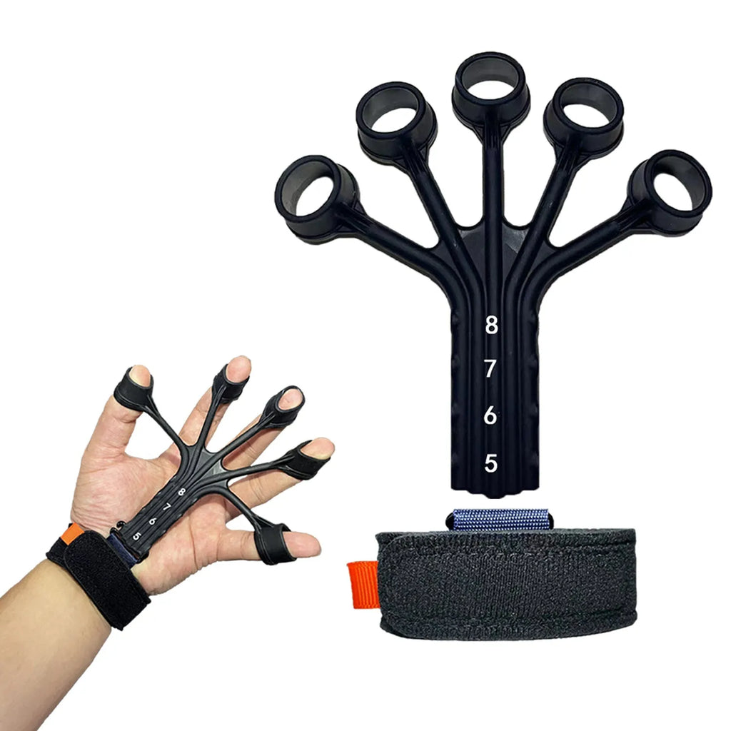 Black silicone finger tension rope puller with an adjustable belt for rehabilitation training