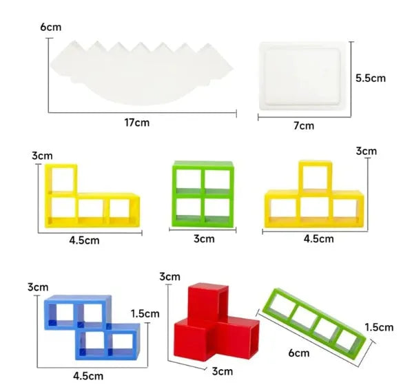 Plastic balance stacking game with 16 colourful building blocks on chassis for children aged 3+