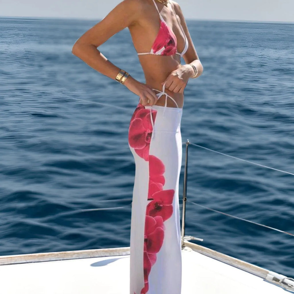 White printed bandage skirt bikini swimsuit three-piece set for women with polyester fabric