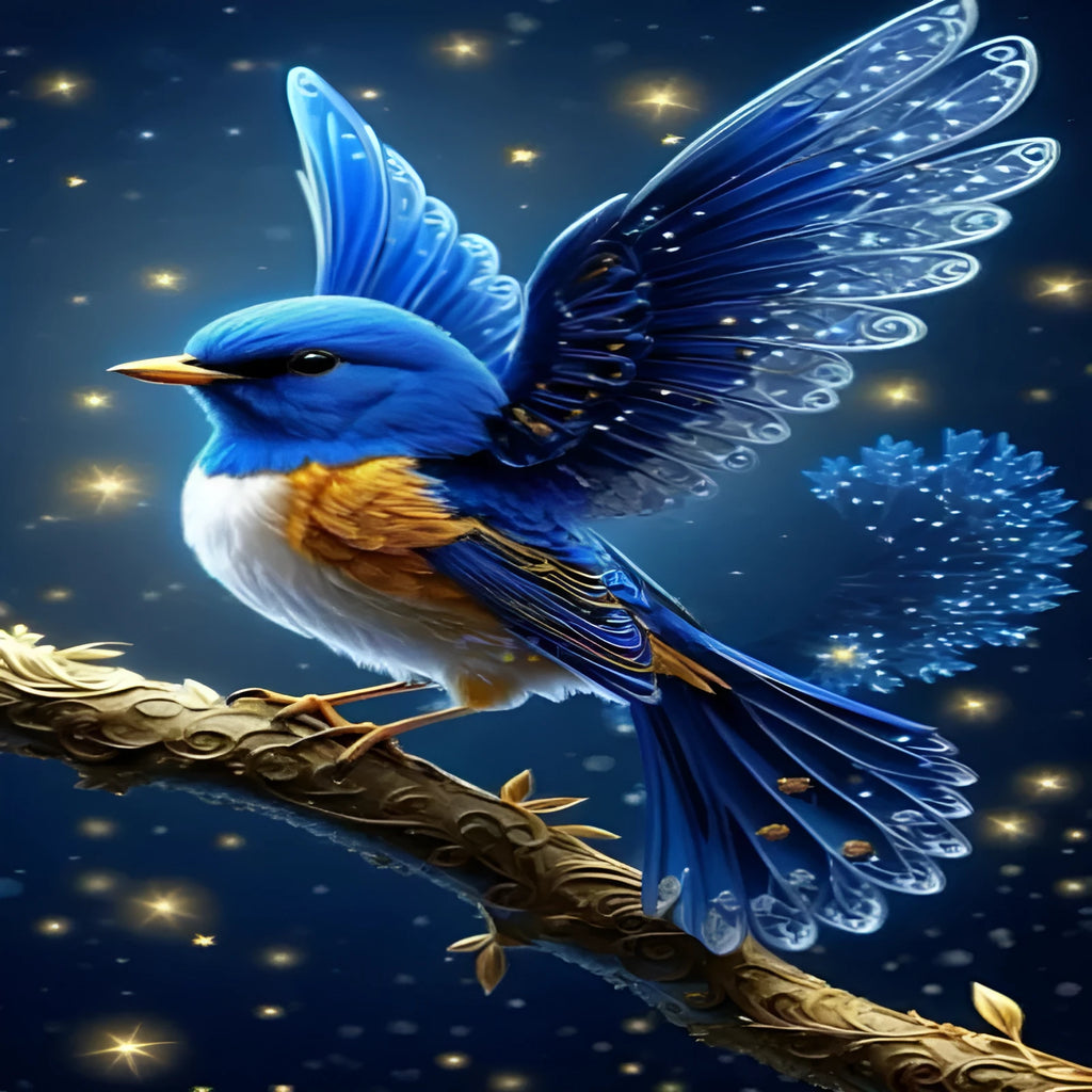 Blue Bird design DIY rhinestone painting kit showing 60x100cm canvas with acrylic gems.