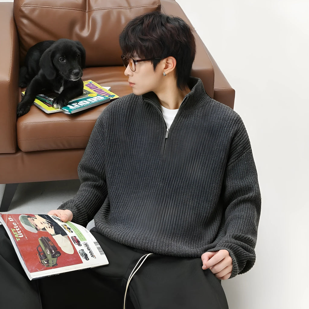 Men's stand collar pullover sweater in imitation deer plush, loose fit, available in four colours and sizes M-XXL.