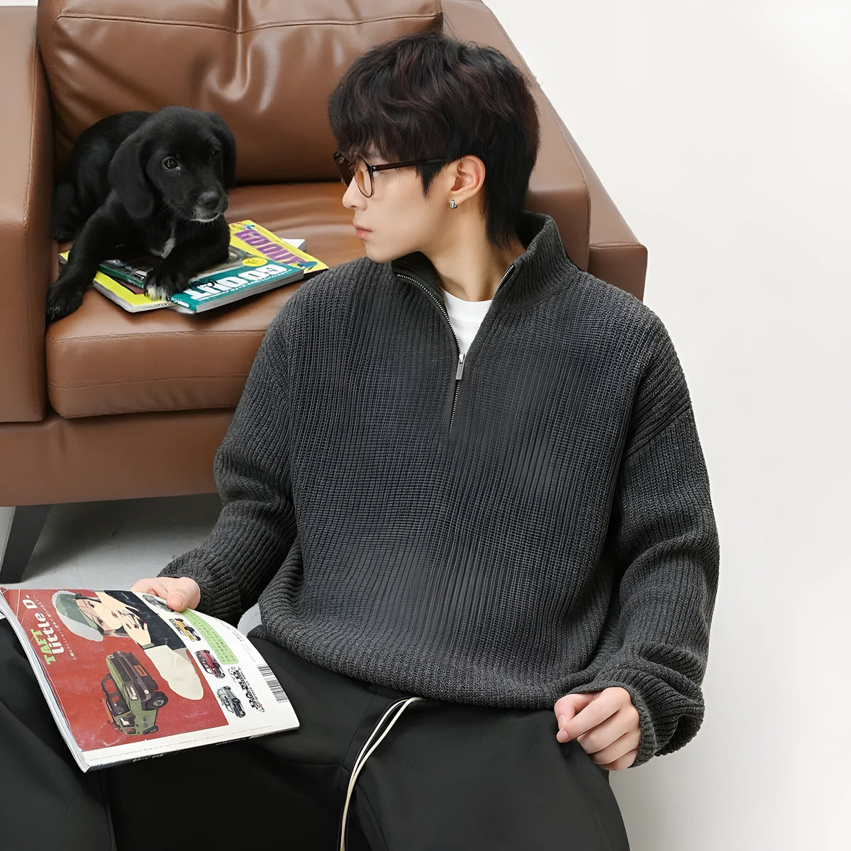 Men's stand collar pullover sweater in imitation deer plush, loose fit, available in four colours and sizes M-XXL.