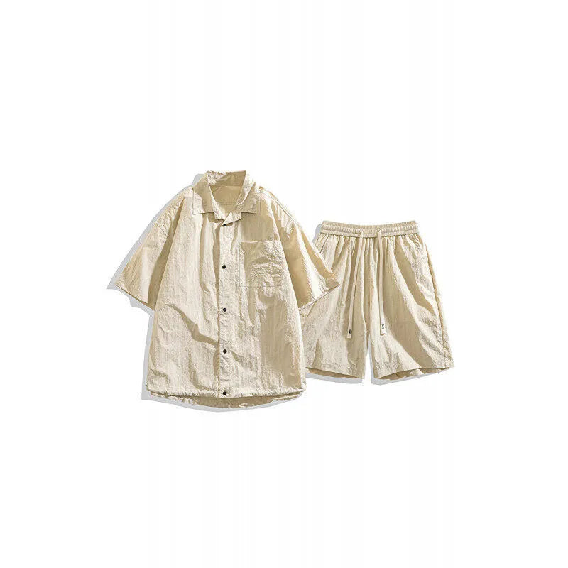 Men's loose casual hemp blend two-piece set with shirt and shorts in four colour options