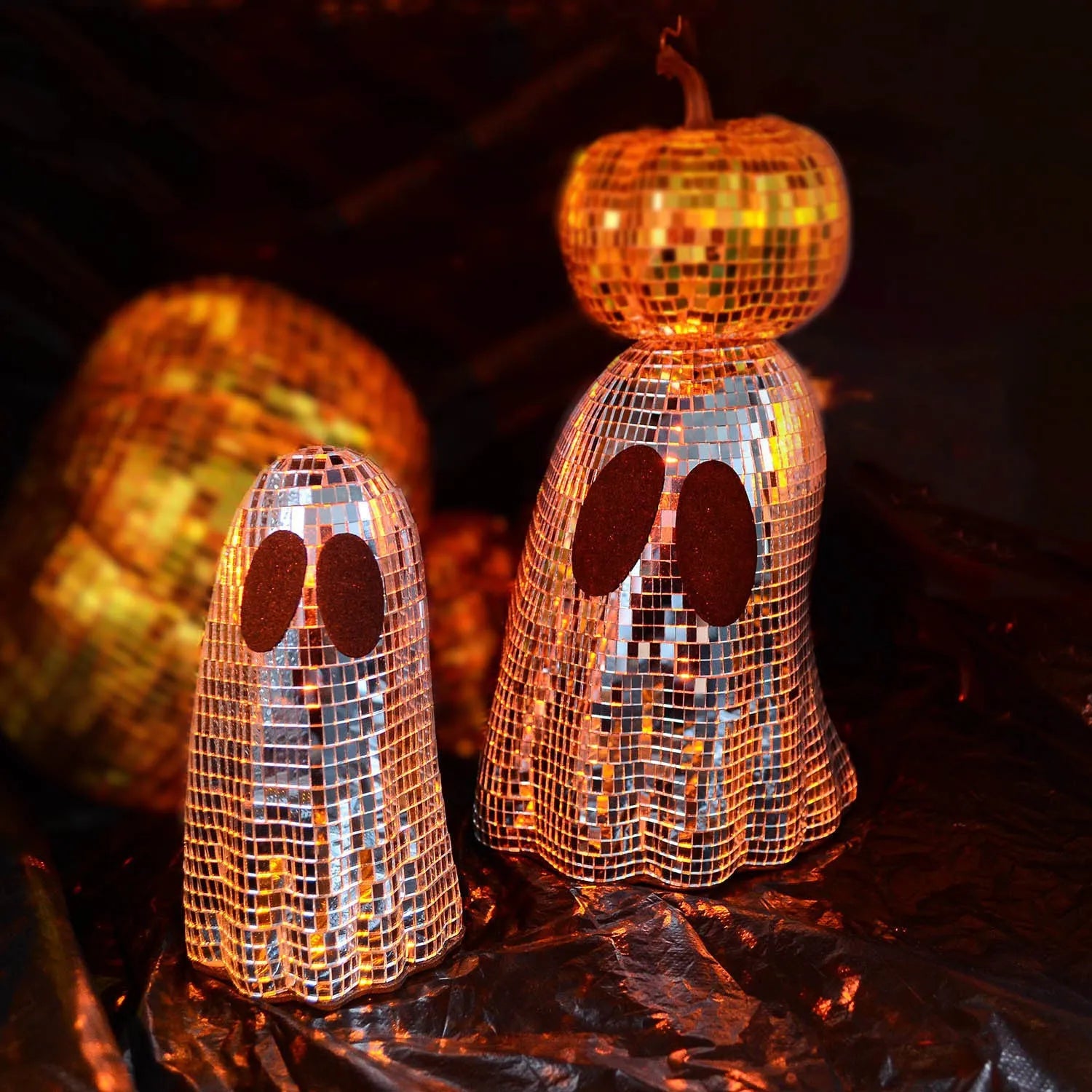 Silver Halloween mosaic mirror patch decoration with ghost shapes in two sizes