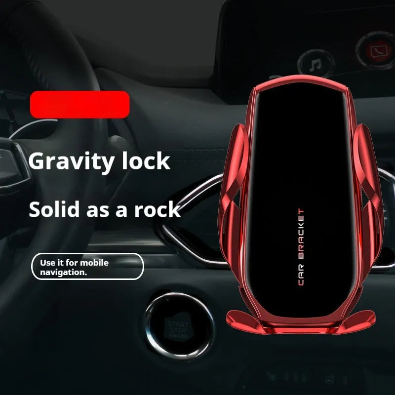 Car phone holder with wireless charging clipped to air vent, black colour