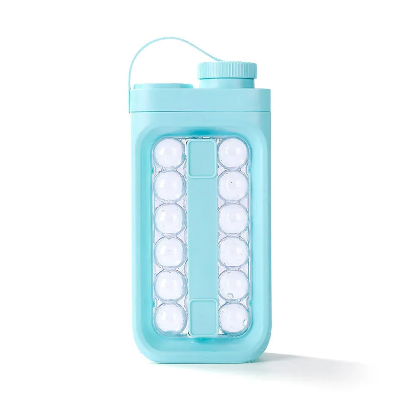 Light blue portable ice ball kettle showing 17 spherical compartments and lid