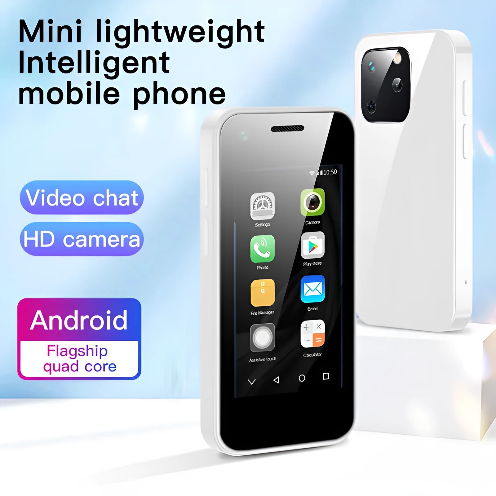Compact Android smartphone with 2.5-inch screen showing home screen interface