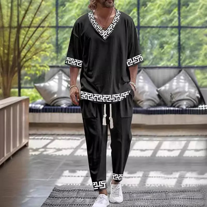 V-neck cropped sleeve trousers suit set in thin polyester fabric, shown in colour G98P018.