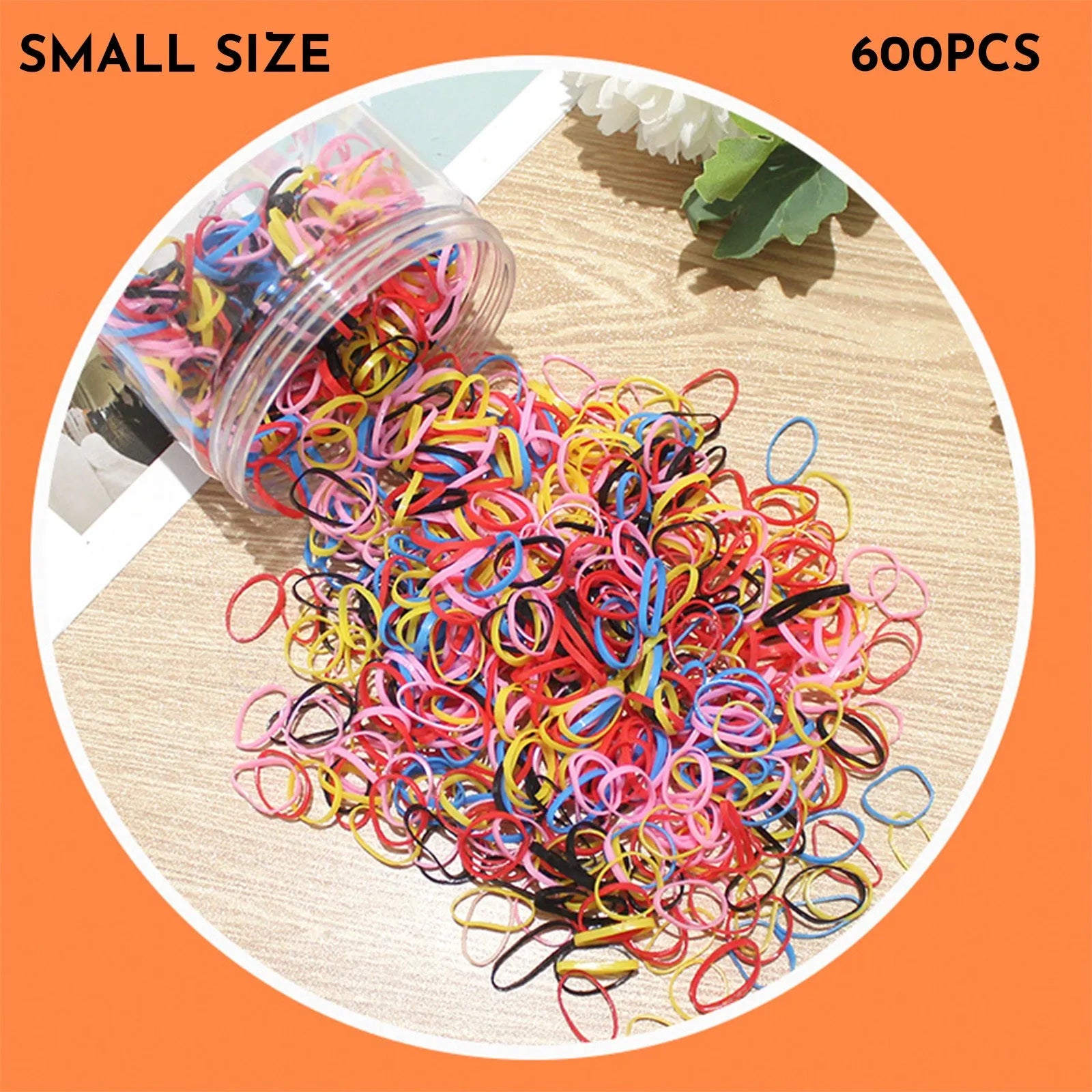 Assorted colourful TPU baby hair ties in a reusable plastic container.