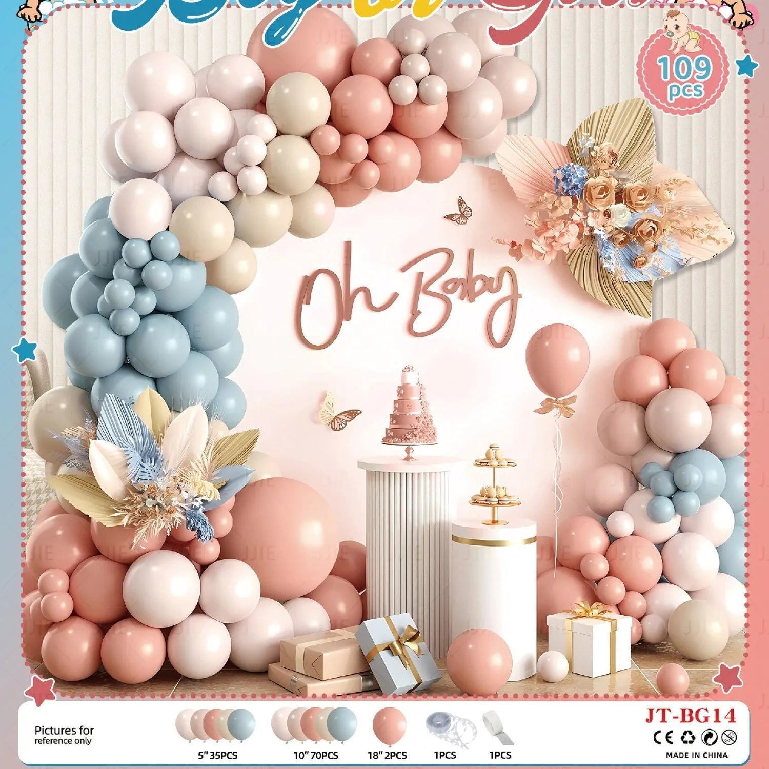 Baby gender reveal balloon decoration kit with aluminium foil balloons in blue and pink, including bottles, ribbon, and tape