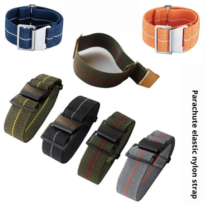 Elastic nylon watchband in green, blue, or black with silver buckle or black button, available in 18mm, 20mm, and 22mm widths.