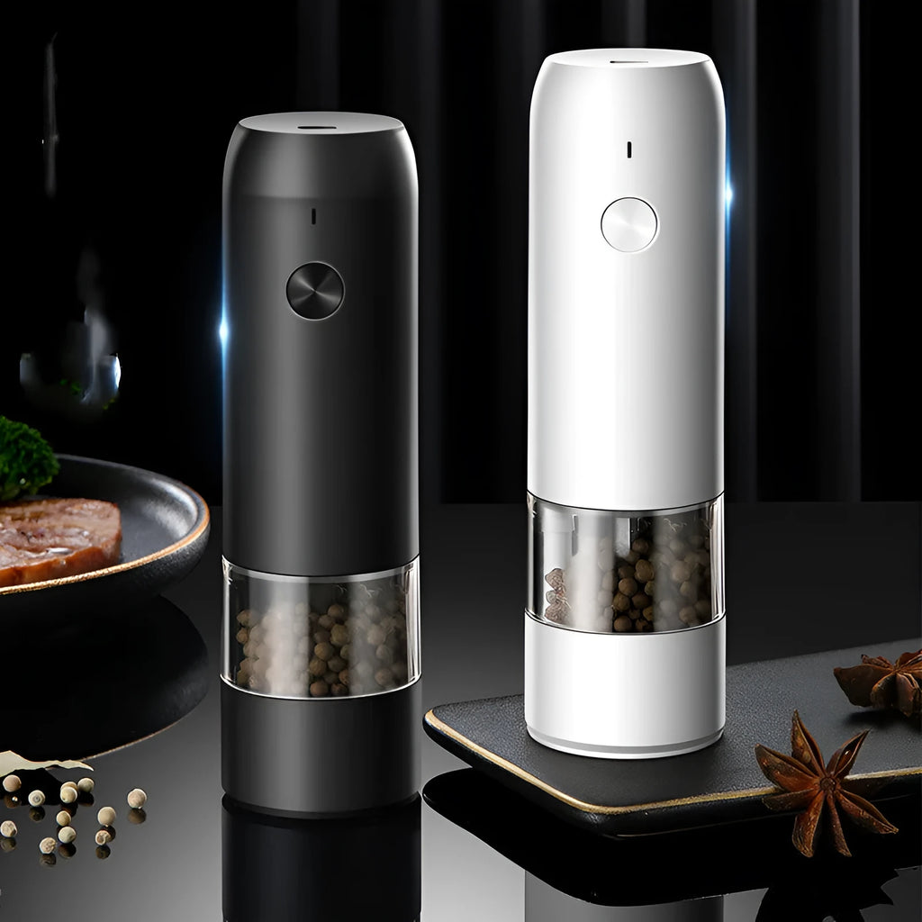 Rechargeable electric pepper and salt grinder in acrylic body with ceramic mechanism.