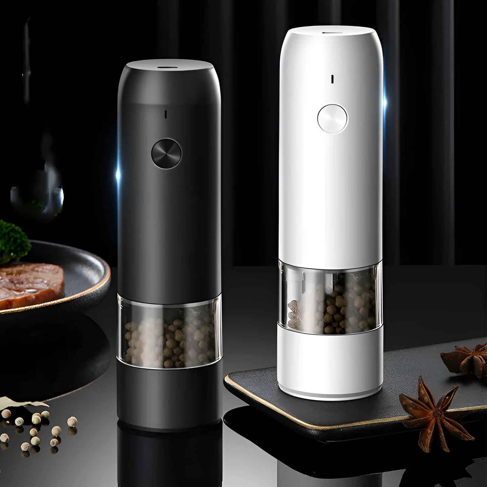Rechargeable electric pepper and salt grinder in acrylic body with ceramic mechanism.