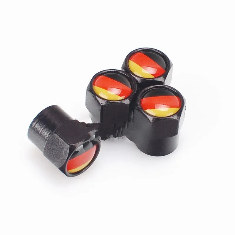 German flag valve cap black metal stainless steel 13mm by 9mm set of 4