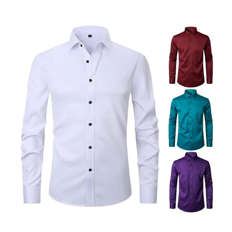Men's stretch long sleeve work shirt in a blue colour variant on a hanger.
