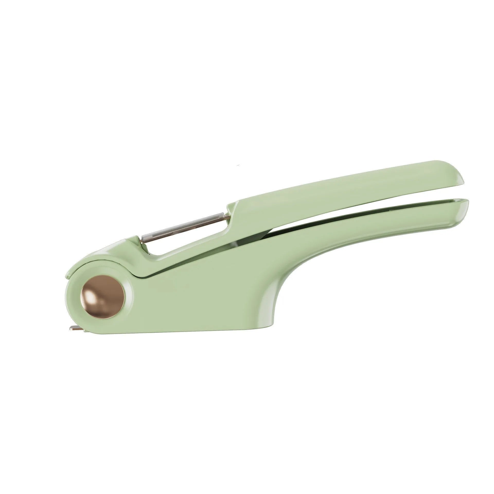 White manual garlic press made of ABS plastic and stainless steel on a kitchen counter.