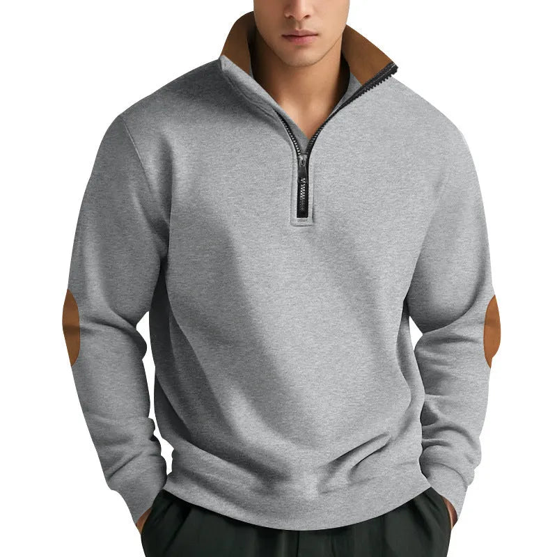 Men's black thick turtleneck half placket zipper pullover sweater on white background