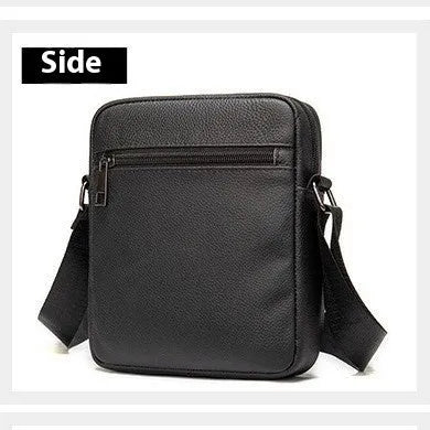 Men's black genuine leather shoulder bag with sewing thread detail, standard size