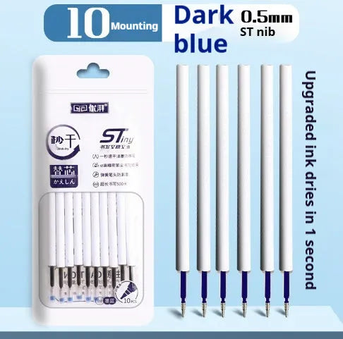 A 10-pack of quick-drying gel pen refills in black, blue, red, and ink blue colours for bullet point pens.