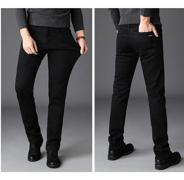 Men's slim straight black denim jeans with mid waist, zip fly and water-washed finish, sizes 28-40