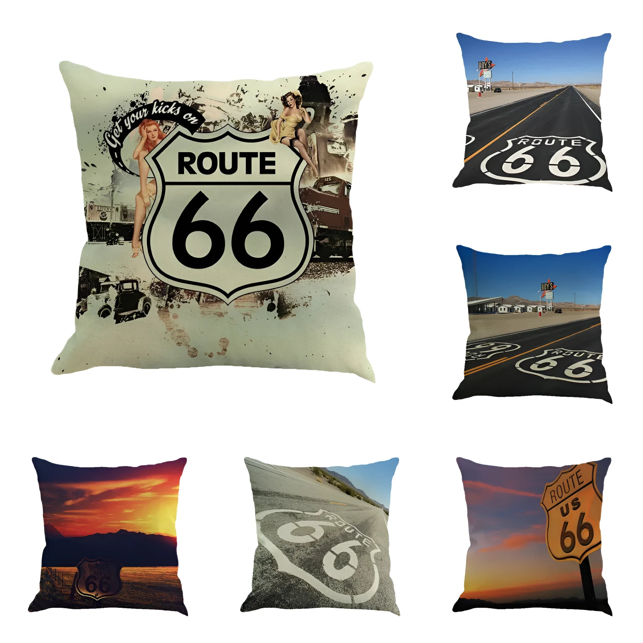 Square linen cushion cover with a Route 66 landscape scene, shown in one of six available colours.