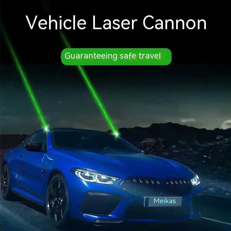 Black vehicle-mounted remote control laser lamp with USB cable and remote on car surface
