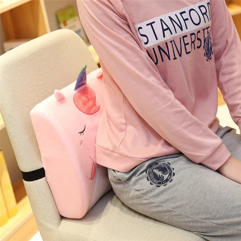 Cartoon character memory foam lumbar support cushion on a car seat, with removable inner core.
