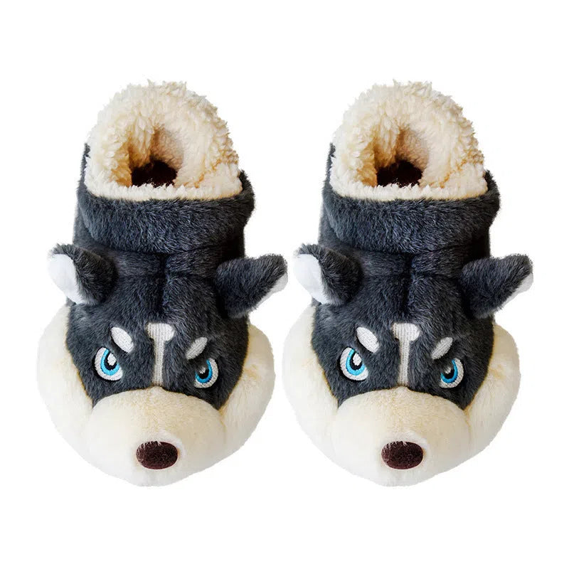 Cute Husky cartoon pure cotton slippers for men and women, warm indoor winter footwear in dark gray