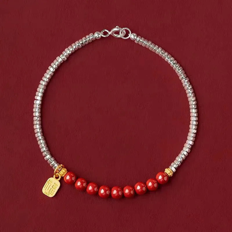 Geometric silver lucky beads couple bracelet on white background.
