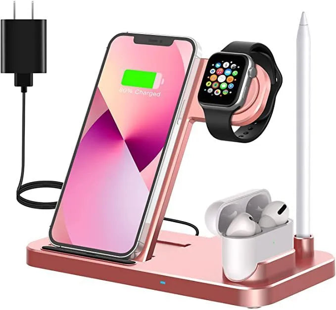 Folding 4-in-1 wireless charger in space grey, showing iPhone on vertical stand and Apple Pencil on magnetic charger.