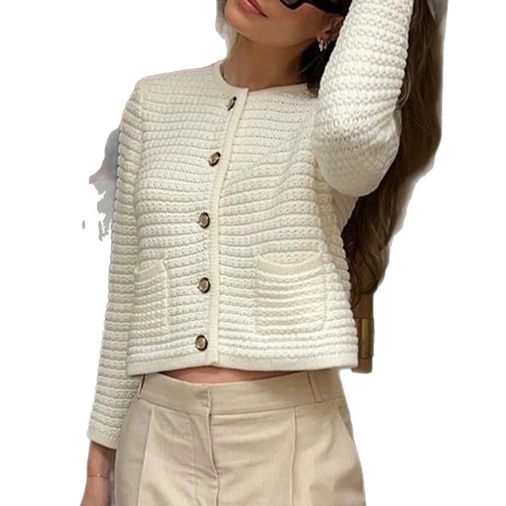 White women's long sleeve button shirt sweater made from polyester, front view