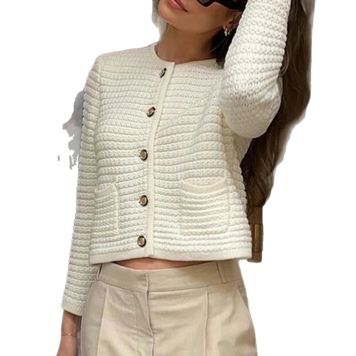 White women's long sleeve button shirt sweater made from polyester, front view