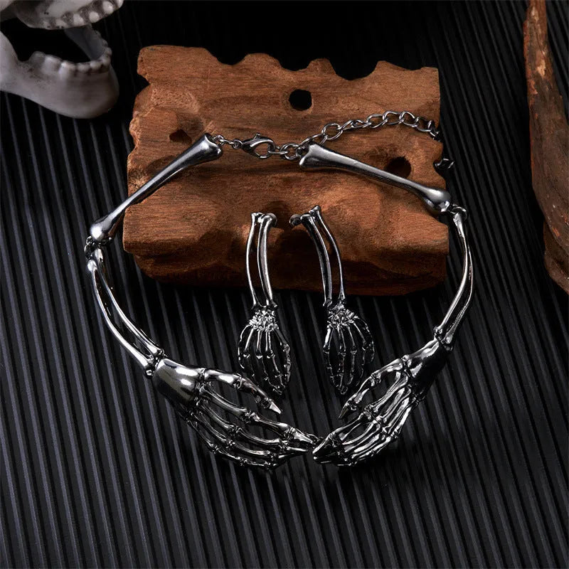 Dark style skull and ghost claw necklace and earrings set in electroplated alloy with adjustable chain