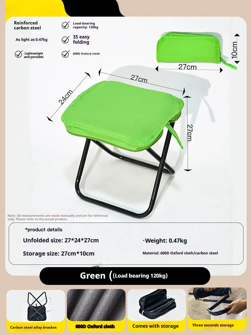 Lightweight foldable camp stool in khaki colour, shown folded flat in pencil box style.