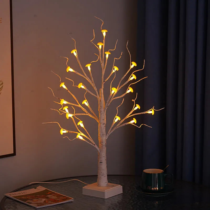 60cm tall mushroom tree LED lamp with warm light and 24 detachable flowers on birch branches