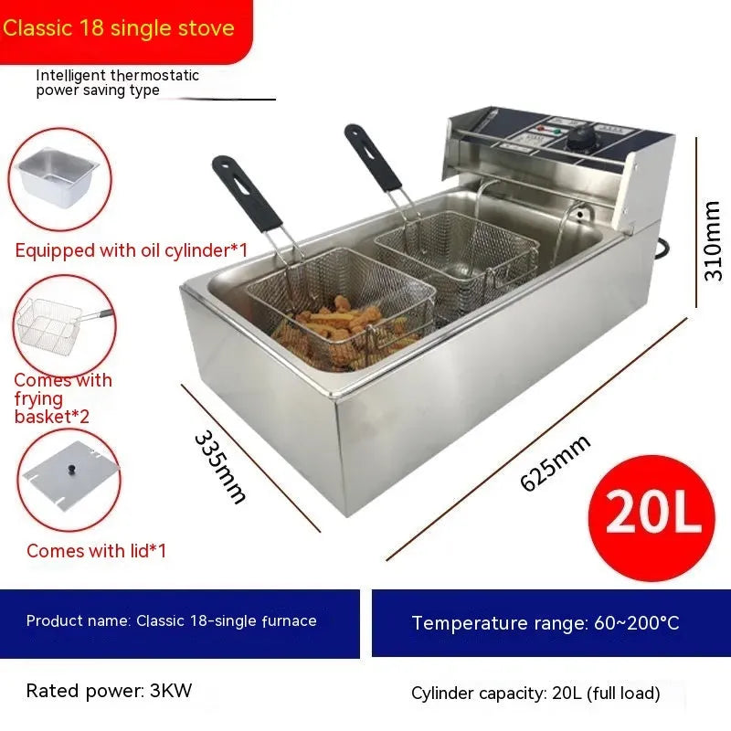 Commercial stainless steel deep frying pan with temperature control, oil tank, and two frying baskets